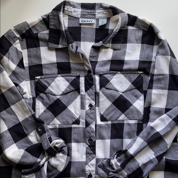 DKNY Button Up Plaid Cotton Roll-Tab-Sleeve Shirt - Picture 5 of 6